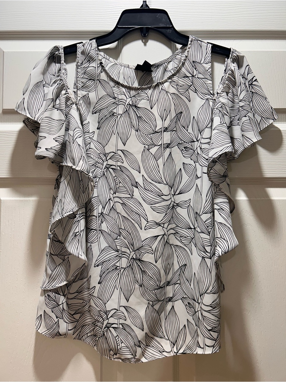 Worthington White Floral Cold-Shoulder Ruffle Blouse
